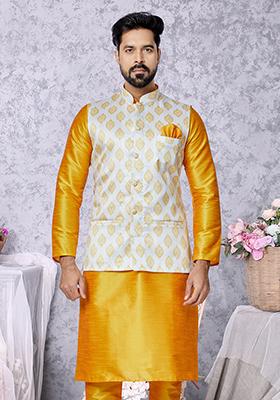 White Embroidered Banarasi Silk Nehru Jacket For Men