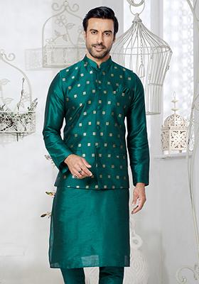 Rama Green Embroidered Banarasi Silk Nehru Jacket For Men