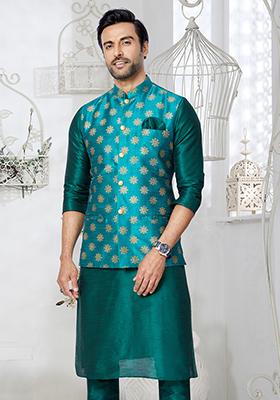 Rama Blue Embroidered Banarasi Silk Nehru Jacket For Men