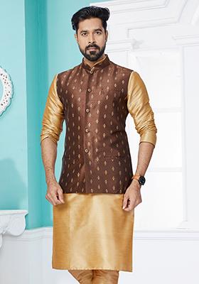 Brown Embroidered Banarasi Silk Nehru Jacket For Men