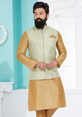 Pista Green Embroidered Jacquard Nehru Jacket For Men