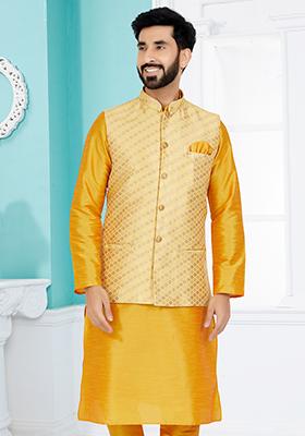 Light Yellow Embroidered Jacquard Nehru Jacket For Men