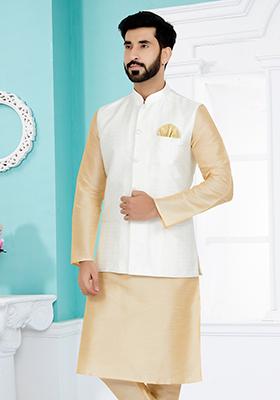 White Embroidered Jacquard Nehru Jacket For Men