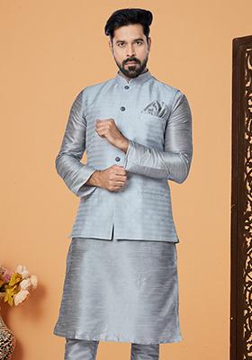 Grey Embroidered Jacquard Nehru Jacket For Men