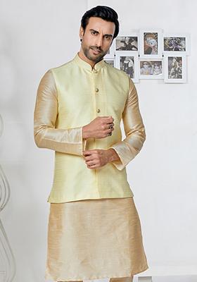 Yellow Embroidered Jacquard Nehru Jacket For Men