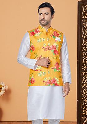Mustard Yellow Embroidered Cotton Nehru Jacket For Men