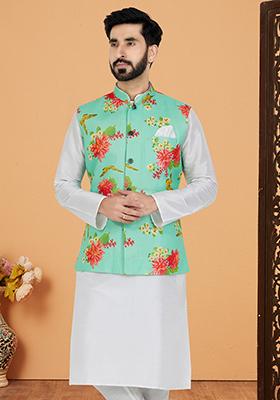 Mint Green Embroidered Cotton Nehru Jacket For Men