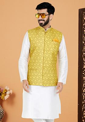 Yellow Embroidered Cotton Nehru Jacket For Men