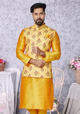 Yellow Embroidered Cotton Nehru Jacket For Men