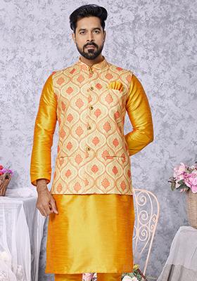 Yellow Embroidered Cotton Nehru Jacket For Men