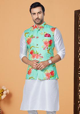 Mint Green Embroidered Cotton Nehru Jacket For Men