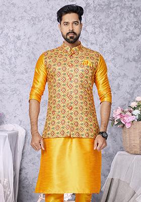 Yellow Embroidered Cotton Nehru Jacket For Men