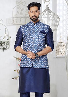 Blue Embroidered Cotton Nehru Jacket For Men