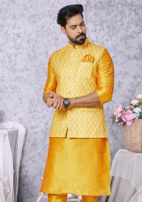 Yellow Embroidered Cotton Nehru Jacket For Men