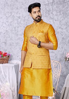 Mustard Yellow Embroidered Cotton Nehru Jacket For Men