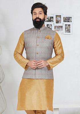 Grey Embroidered Polyester Nehru Jacket For Men