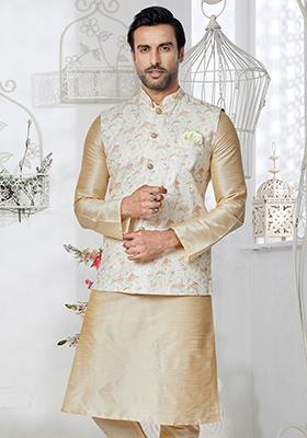 White Embroidered Polyester Nehru Jacket For Men