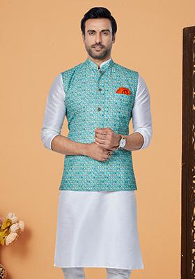 Blue Embroidered Polyester Nehru Jacket For Men