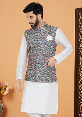 Multi Embroidered Polyester Nehru Jacket For Men