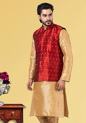 Maroon Embroidered Mulberry Silk Nehru Jacket For Men
