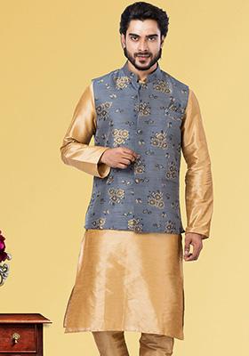 Grey Embroidered Jacquard Nehru Jacket For Men