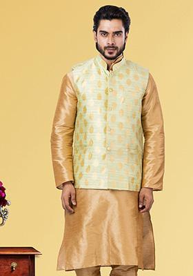 Light Green Embroidered Jacquard Nehru Jacket For Men