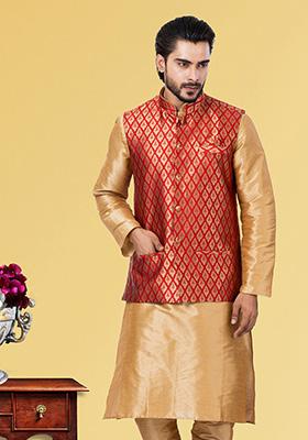 Maroon Embroidered Jacquard Nehru Jacket For Men