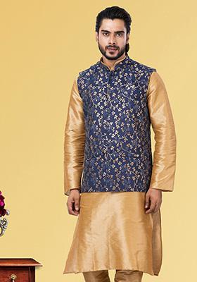 Navy Blue Embroidered Jacquard Nehru Jacket For Men