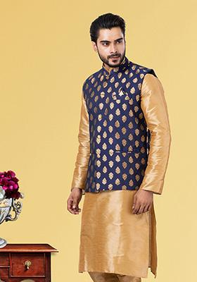 Navy Blue Embroidered Jacquard Nehru Jacket For Men