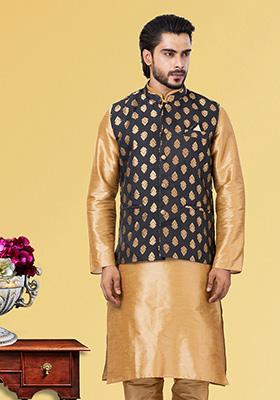 Black Embroidered Jacquard Nehru Jacket For Men