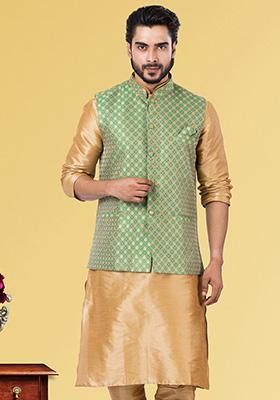 Pista Green Embroidered Jacquard Nehru Jacket For Men