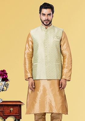 Pista Green Embroidered Jacquard Nehru Jacket For Men