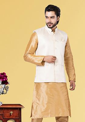 Off White Pink Embroidered Poly Blend Nehru Jacket For Men