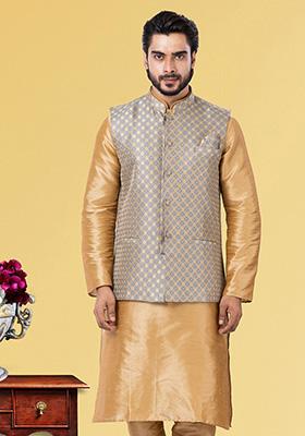Light Grey Embroidered Jacquard Nehru Jacket For Men