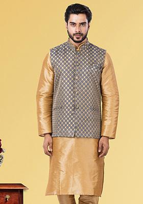 Dark Grey Embroidered Jacquard Nehru Jacket For Men