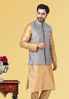 Grey Embroidered Jacquard Nehru Jacket For Men