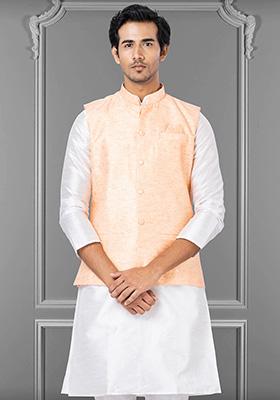 Peach Embroidered Silk Nehru Jacket For Men