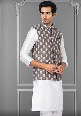 Grey Embroidered Jacquard Nehru Jacket For Men