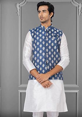 Blue Embroidered Jacquard Nehru Jacket For Men