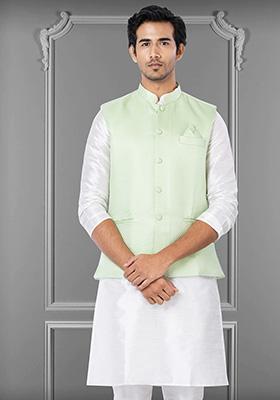 Light Green Embroidered Poly Blend Nehru Jacket For Men