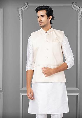Light Yellow Embroidered Poly Blend Nehru Jacket For Men