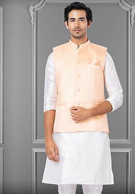 Peach Embroidered Silk Nehru Jacket For Men