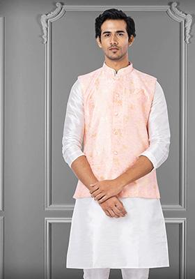 Light Pink Embroidered Silk Nehru Jacket For Men