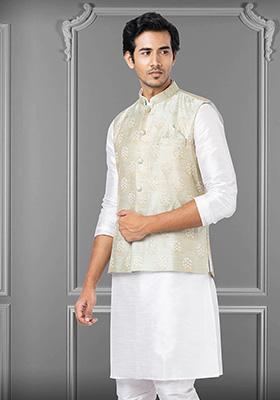 Green Embroidered Jacquard Nehru Jacket For Men
