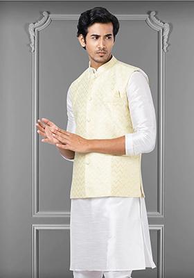 Light Yellow Embroidered Silk Nehru Jacket For Men