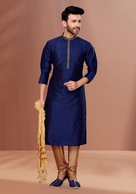 Navy Blue Solid Banarasi Silk Kurta Set For Men