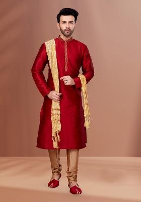 Red Solid Banarasi Silk Kurta Set For Men