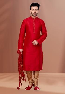 Red Solid Banarasi Silk Kurta Set For Men