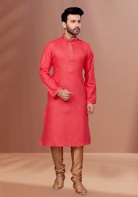 Magenta Solid Cotton Kurta Set For Men