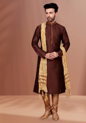 Coffee Brown Solid Banarasi Silk Kurta Set For Men